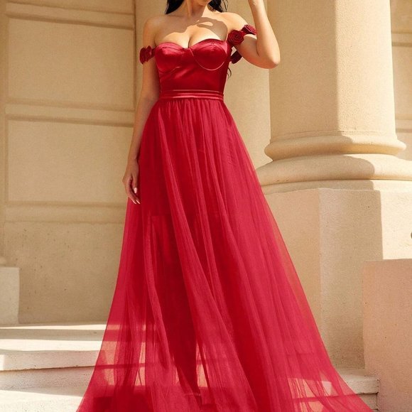 Red Preppy Womens Off Shoulder Split Thigh Mesh Overlay Formal Dress - Picture 4 of 5